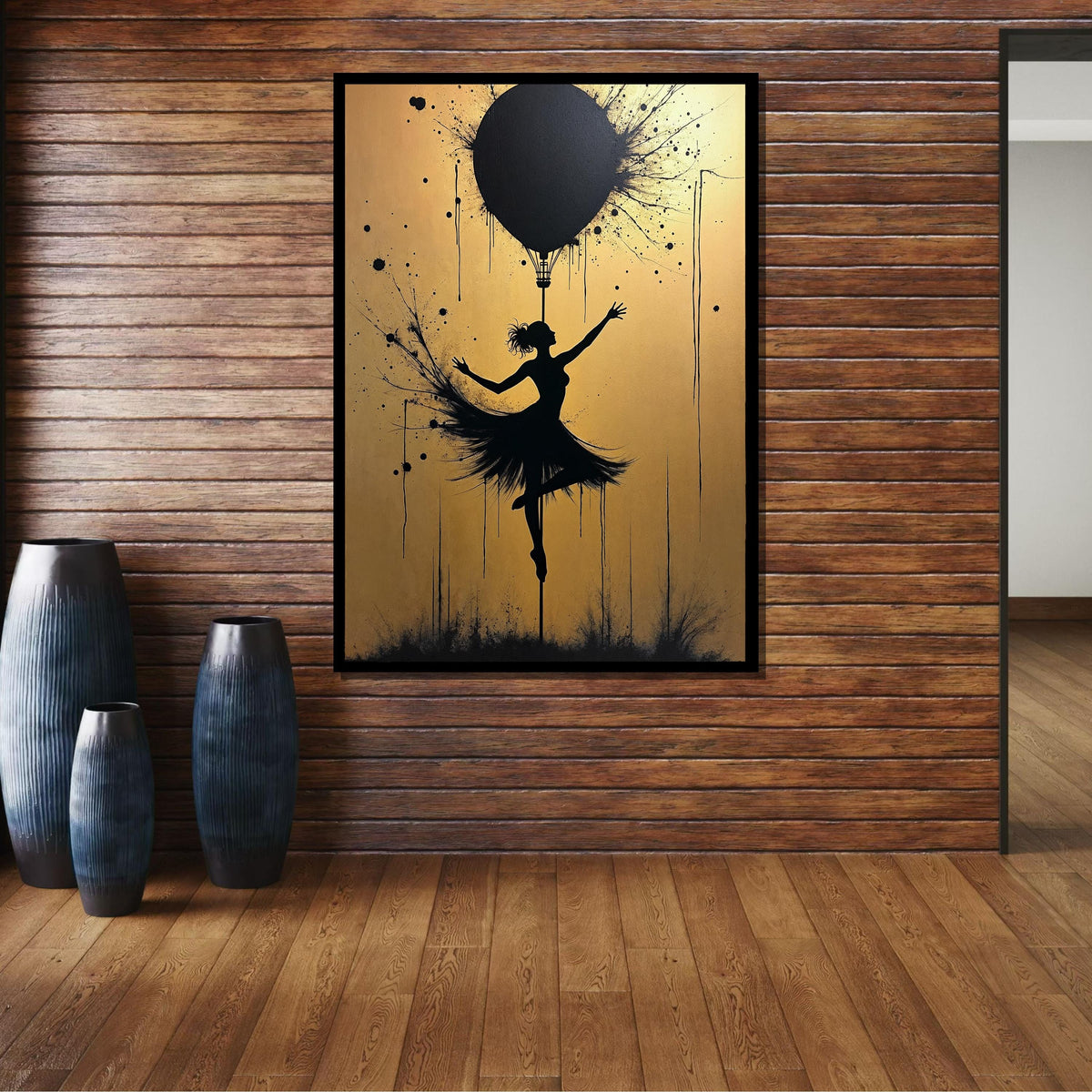 Ballerina Silhouette Art, Golden Background Dance Canvas, Ballet Wall Art, Hot Air Balloon Artwork, Modern Dance Decor,Framed Ready to Hang