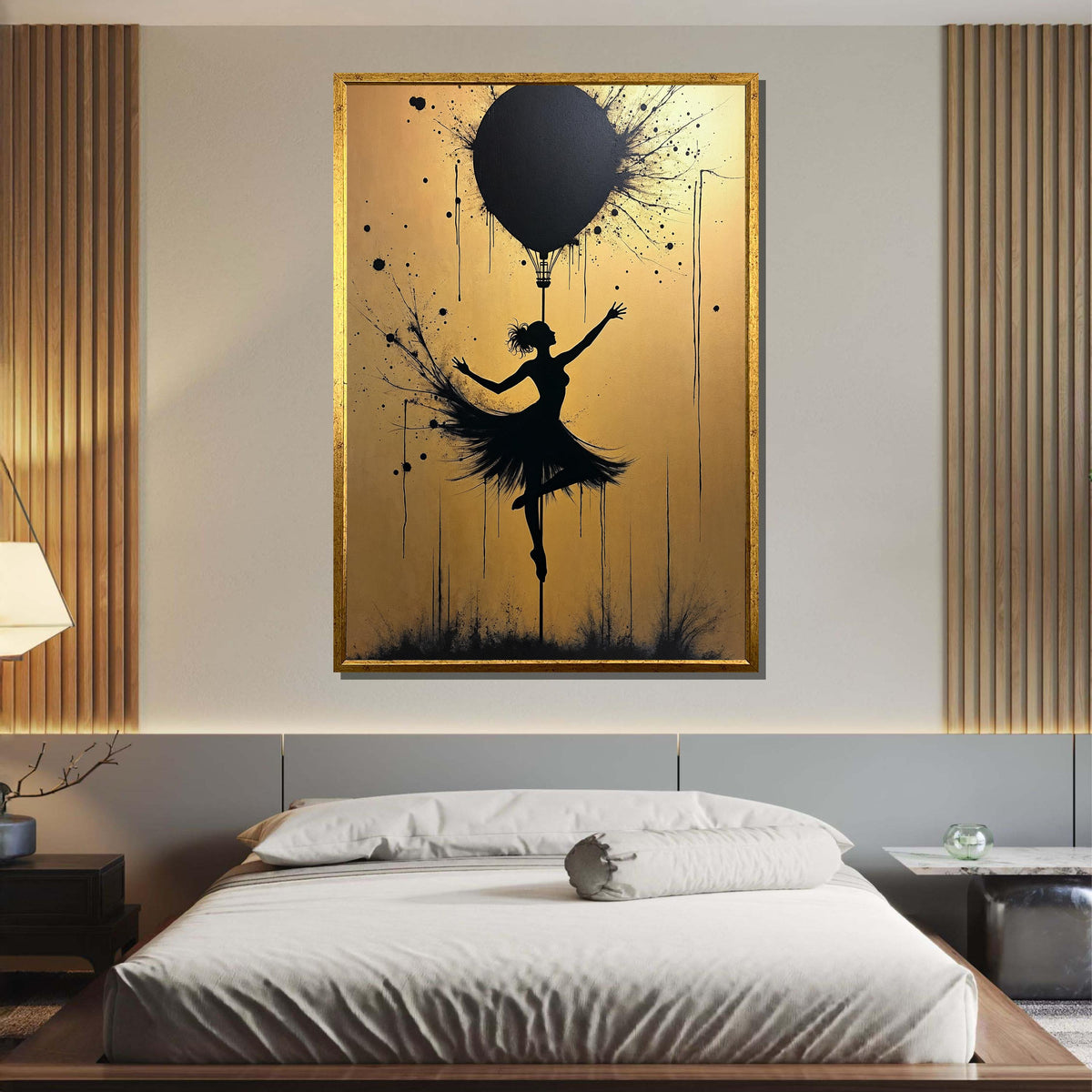 Ballerina Silhouette Art, Golden Background Dance Canvas, Ballet Wall Art, Hot Air Balloon Artwork, Modern Dance Decor,Framed Ready to Hang