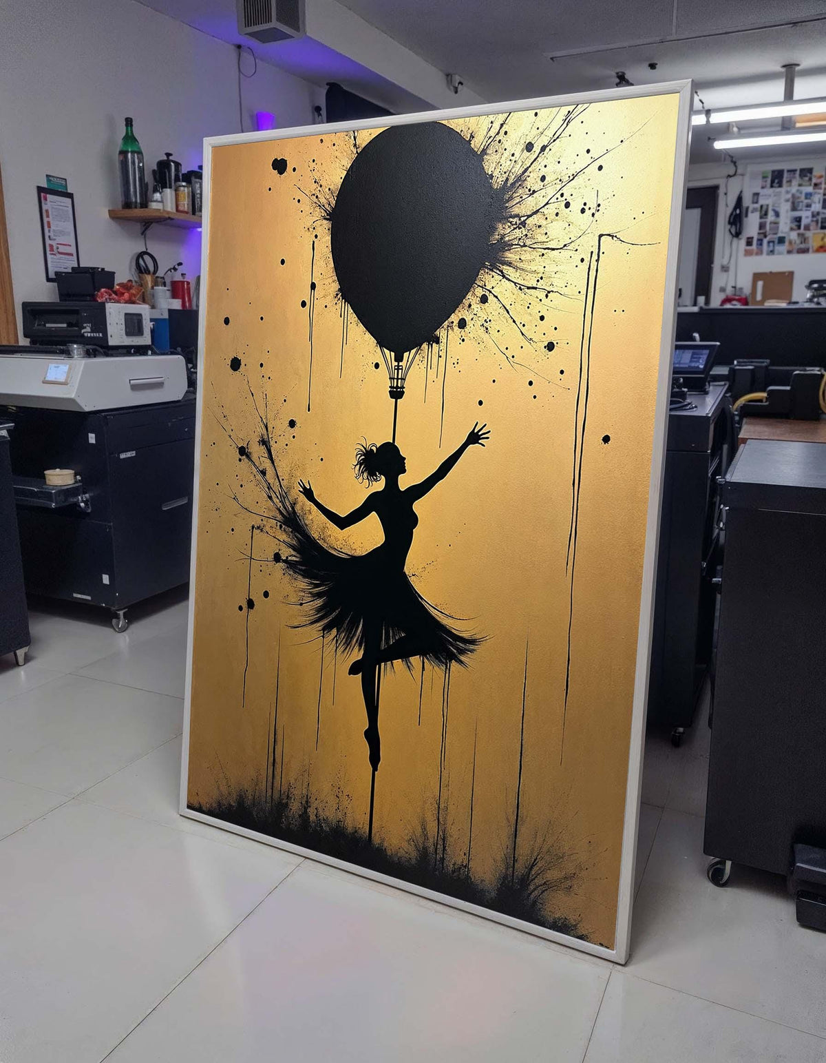 Ballerina Silhouette Art, Golden Background Dance Canvas, Ballet Wall Art, Hot Air Balloon Artwork, Modern Dance Decor,Framed Ready to Hang