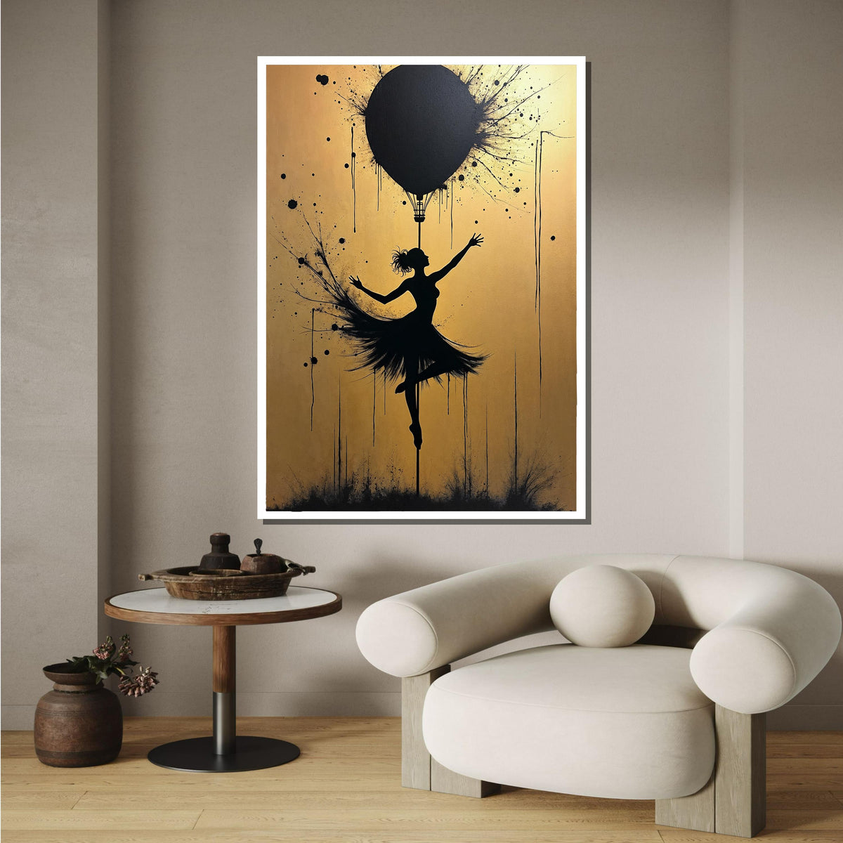 Ballerina Silhouette Art, Golden Background Dance Canvas, Ballet Wall Art, Hot Air Balloon Artwork, Modern Dance Decor,Framed Ready to Hang