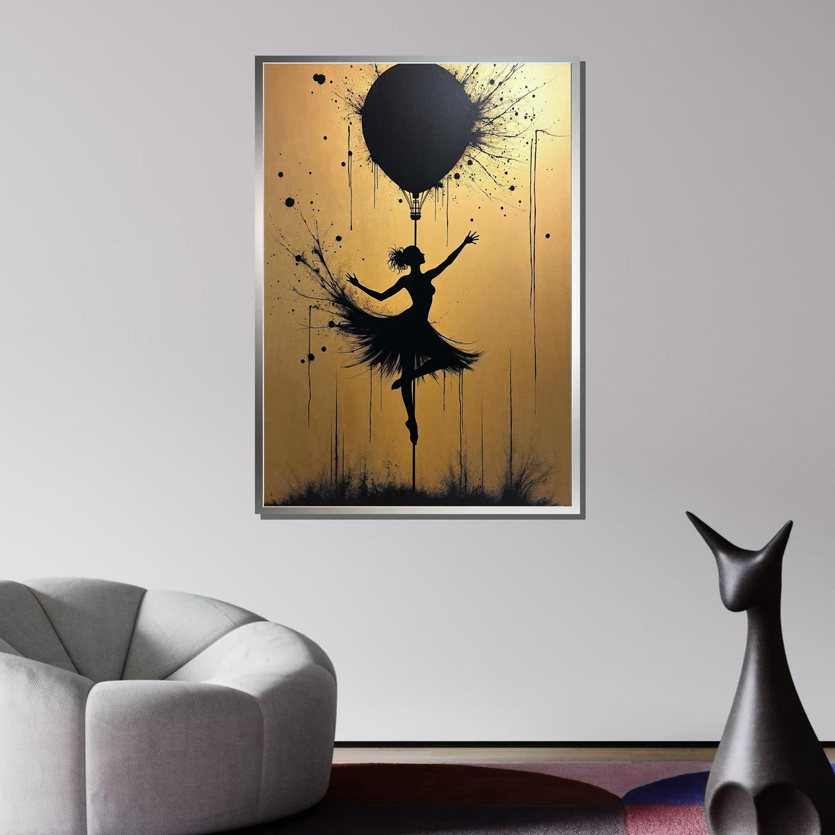 Ballerina Silhouette Art, Golden Background Dance Canvas, Ballet Wall Art, Hot Air Balloon Artwork, Modern Dance Decor,Framed Ready to Hang