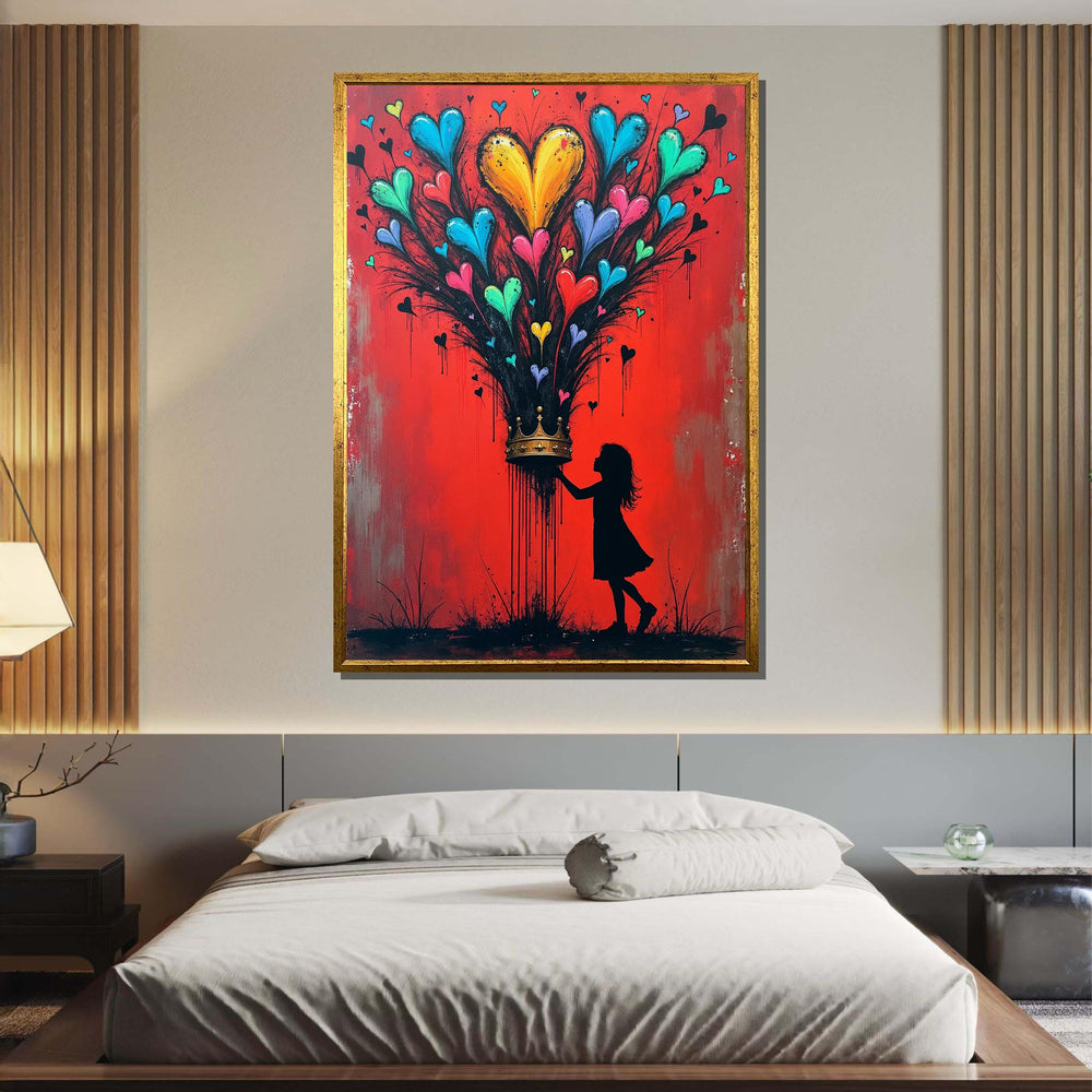 Heart Bloom Crown Wall Art, Silhouette Girl with Colorful Hearts, Red Inspirational Canvas,Heart Wall Art Ready to Hang Decor