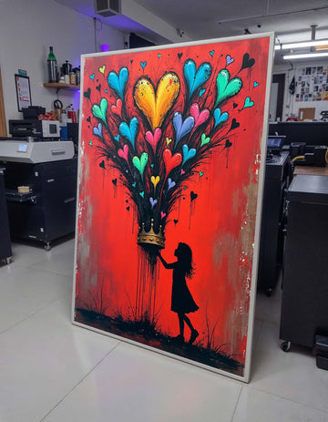 Heart Bloom Crown Wall Art, Silhouette Girl with Colorful Hearts, Red Inspirational Canvas,Heart Wall Art Ready to Hang Decor