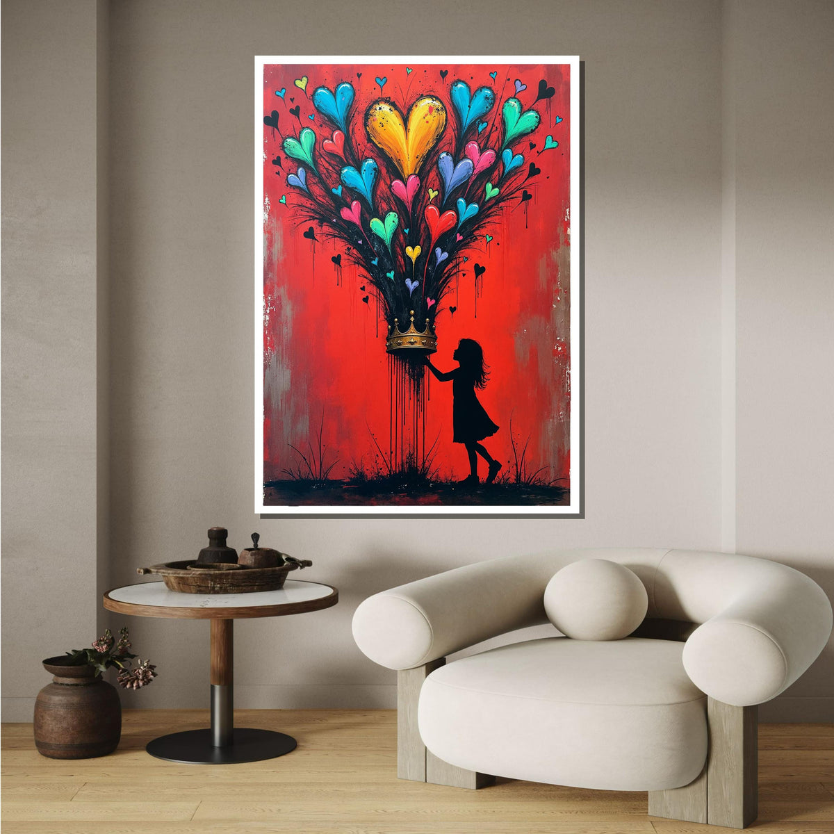 Heart Bloom Crown Wall Art, Silhouette Girl with Colorful Hearts, Red Inspirational Canvas,Heart Wall Art Ready to Hang Decor