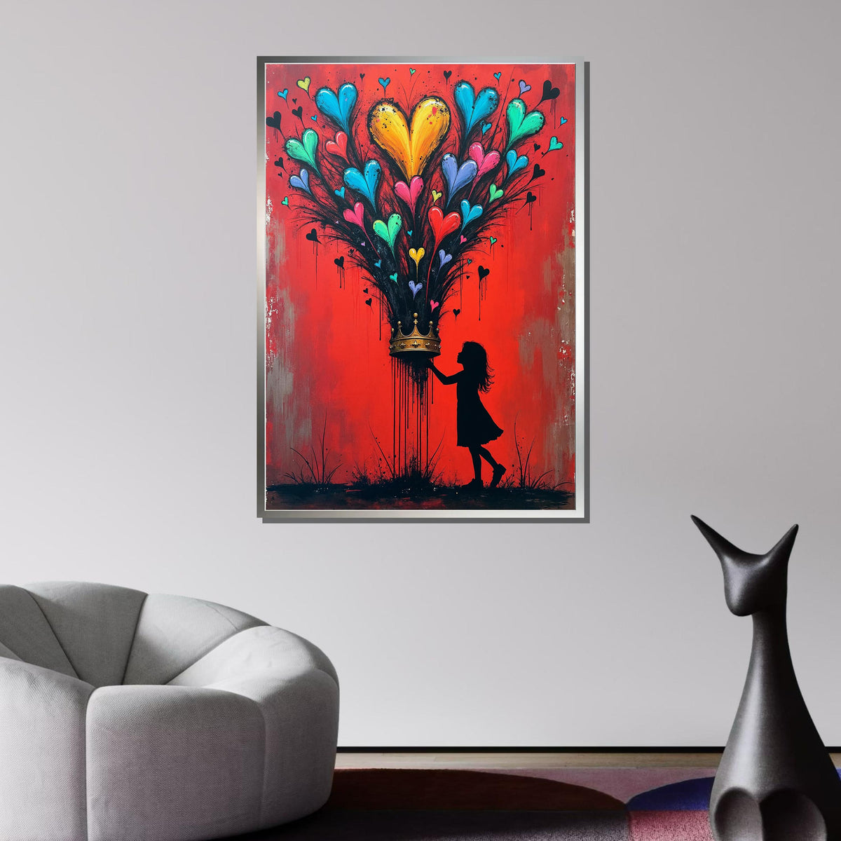 Heart Bloom Crown Wall Art, Silhouette Girl with Colorful Hearts, Red Inspirational Canvas,Heart Wall Art Ready to Hang Decor