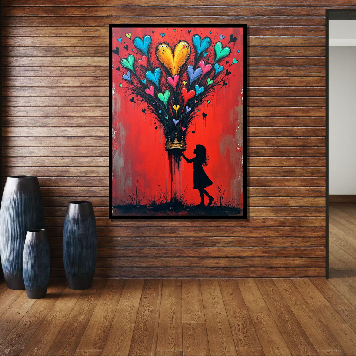 Heart Bloom Crown Wall Art, Silhouette Girl with Colorful Hearts, Red Inspirational Canvas,Heart Wall Art Ready to Hang Decor