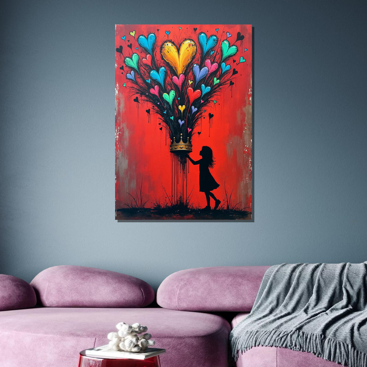 Heart Bloom Crown Wall Art, Silhouette Girl with Colorful Hearts, Red Inspirational Canvas,Heart Wall Art Ready to Hang Decor