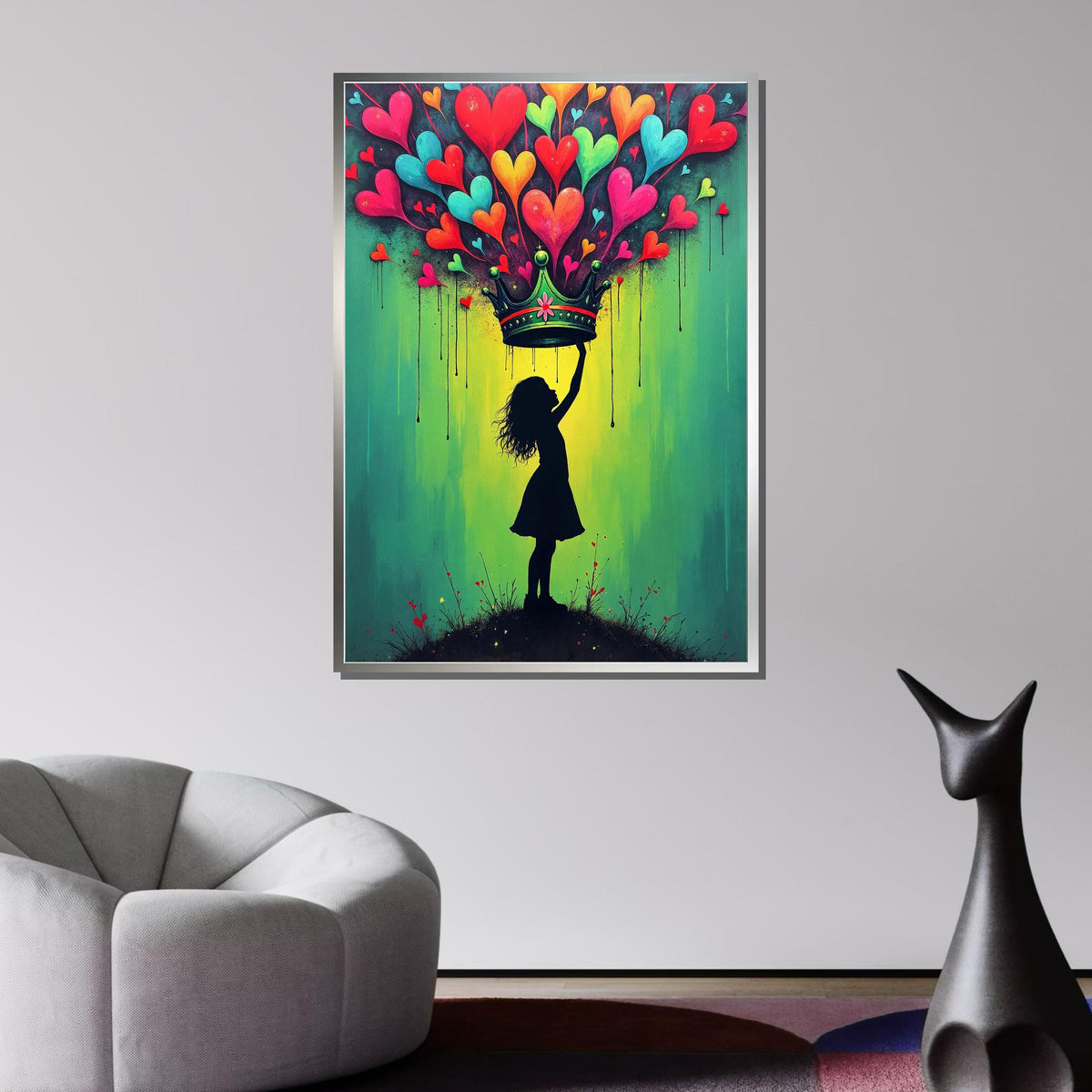 Heart Crown Girl Art Print, Whimsical Street Art Decor, Colorful Heart Painting,Urban Green Canvas,Heart Wall Art Ready to Hang Decor