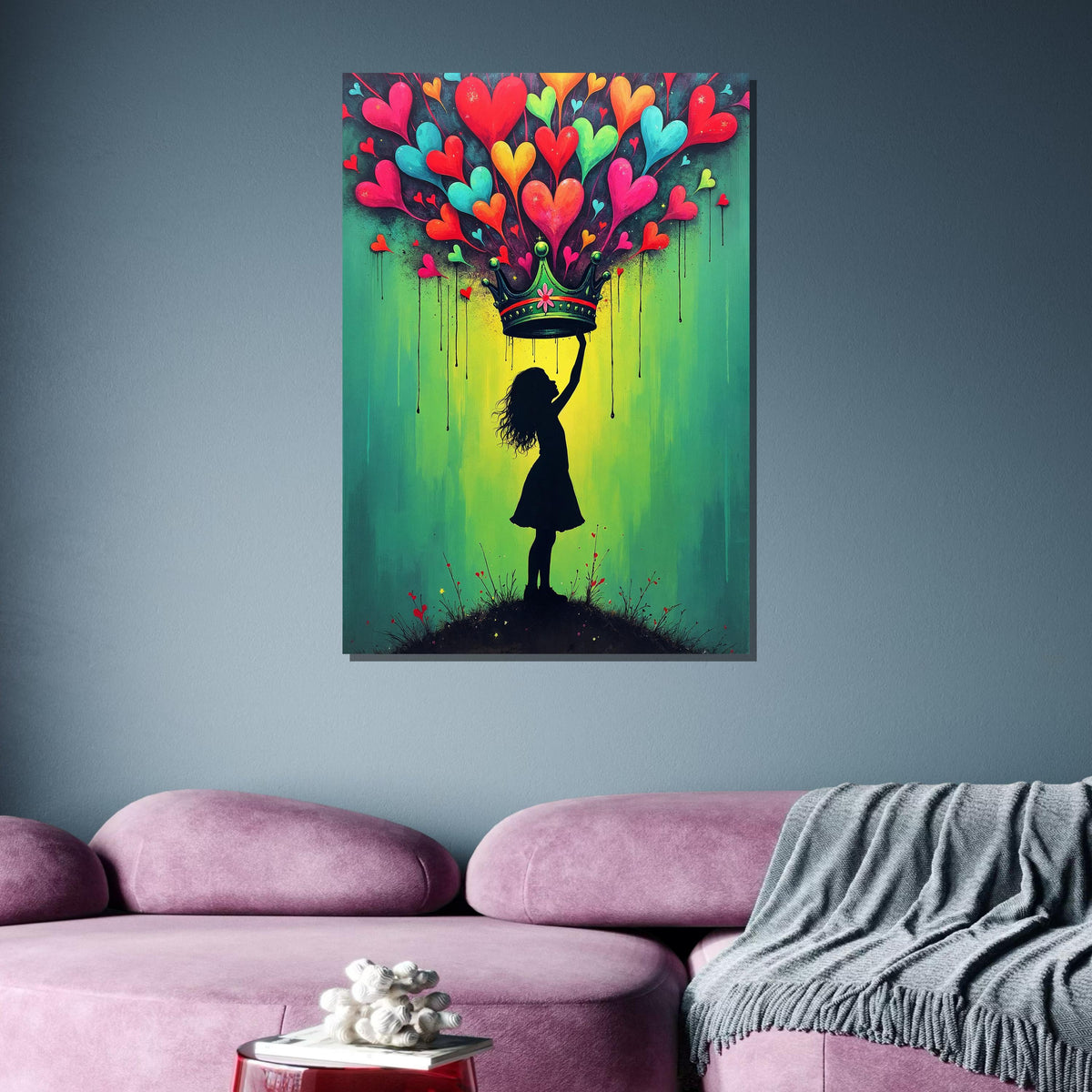 Heart Crown Girl Art Print, Whimsical Street Art Decor, Colorful Heart Painting,Urban Green Canvas,Heart Wall Art Ready to Hang Decor