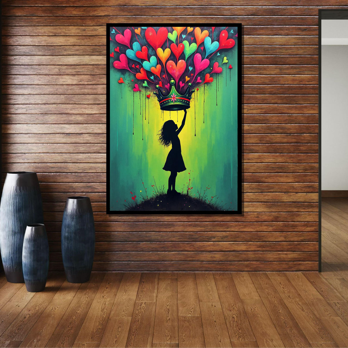 Heart Crown Girl Art Print, Whimsical Street Art Decor, Colorful Heart Painting,Urban Green Canvas,Heart Wall Art Ready to Hang Decor