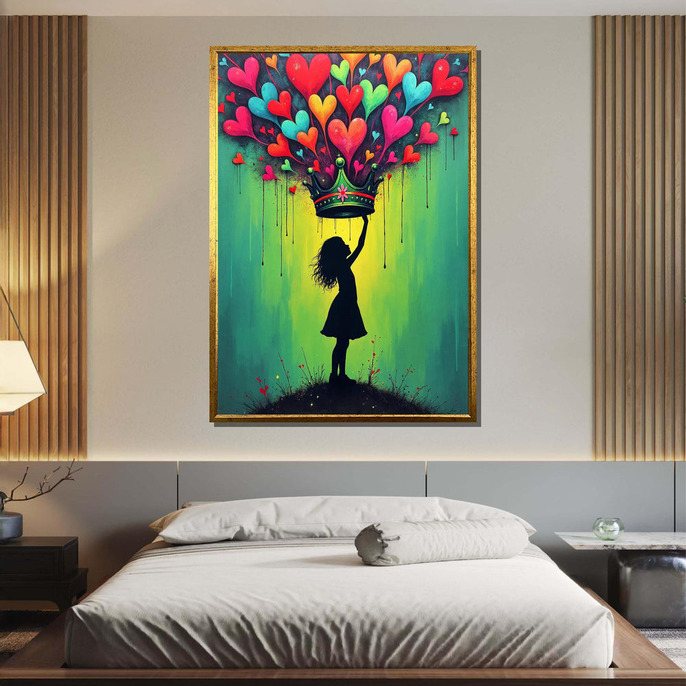 Heart Crown Girl Art Print, Whimsical Street Art Decor, Colorful Heart Painting,Urban Green Canvas,Heart Wall Art Ready to Hang Decor