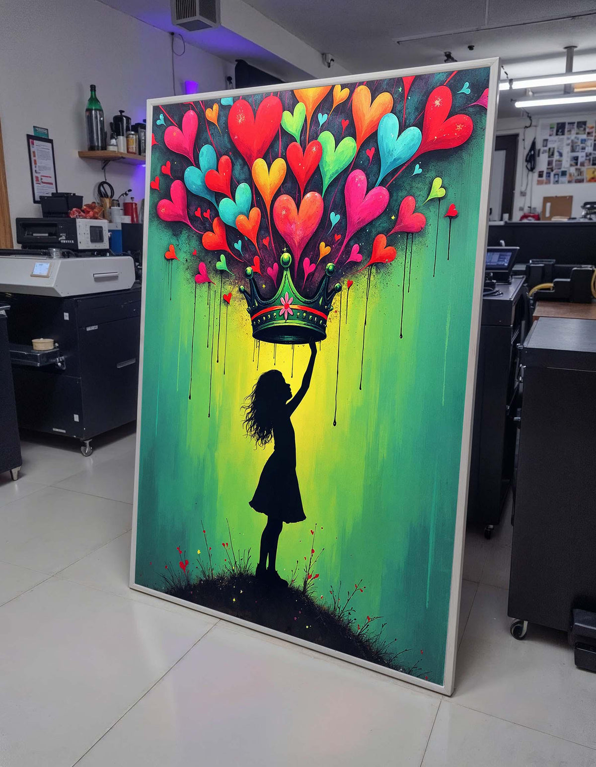 Heart Crown Girl Art Print, Whimsical Street Art Decor, Colorful Heart Painting,Urban Green Canvas,Heart Wall Art Ready to Hang Decor