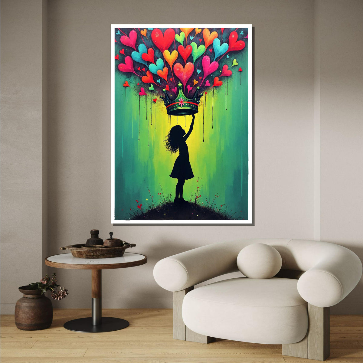 Heart Crown Girl Art Print, Whimsical Street Art Decor, Colorful Heart Painting,Urban Green Canvas,Heart Wall Art Ready to Hang Decor