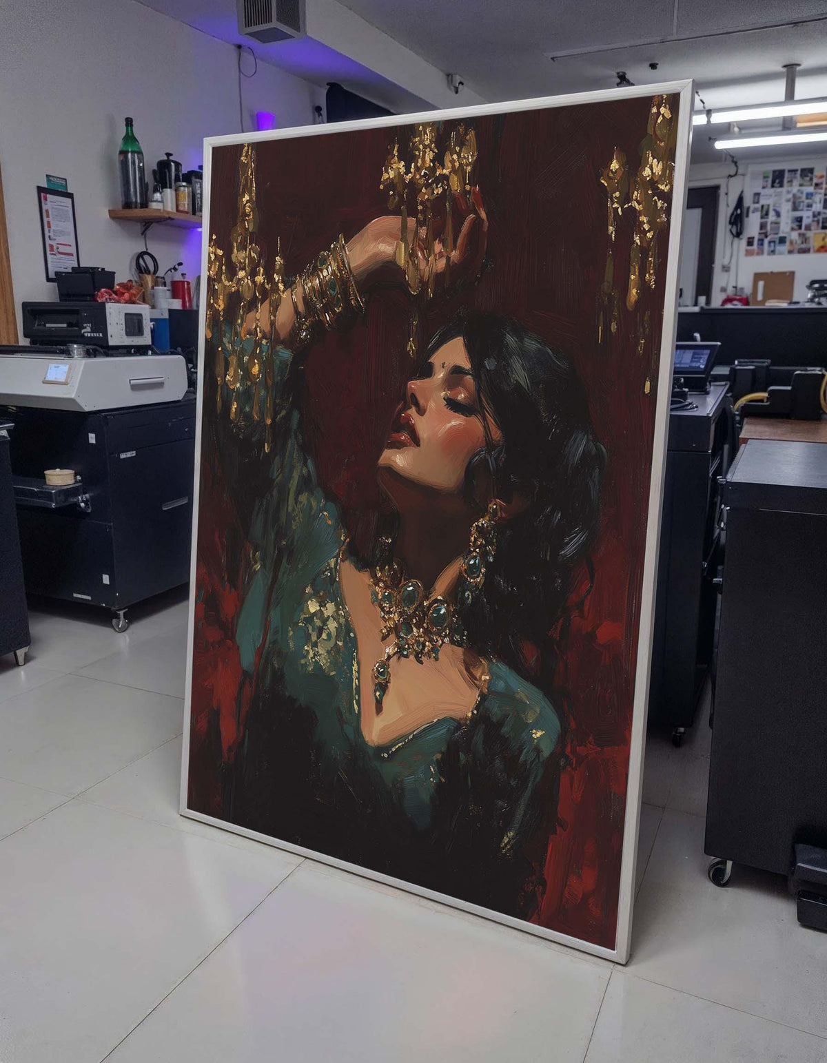 Opulent Elegance Portrait, Exotic Woman with Gold Jewelry, Luxe Wall Art Print, Dramatic Oil Painting Style,Ready to Hang