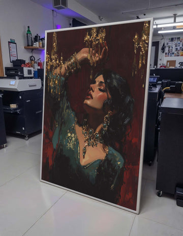 Opulent Elegance Portrait, Exotic Woman with Gold Jewelry, Luxe Wall Art Print, Dramatic Oil Painting Style,Ready to Hang