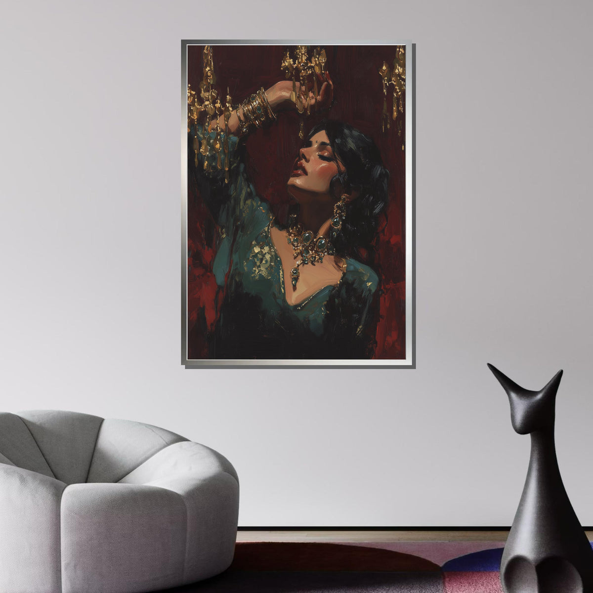 Opulent Elegance Portrait, Exotic Woman with Gold Jewelry, Luxe Wall Art Print, Dramatic Oil Painting Style,Ready to Hang
