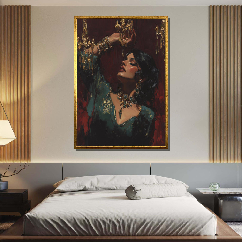 Opulent Elegance Portrait, Exotic Woman with Gold Jewelry, Luxe Wall Art Print, Dramatic Oil Painting Style,Ready to Hang