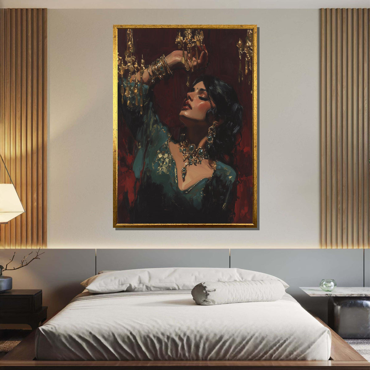 Opulent Elegance Portrait, Exotic Woman with Gold Jewelry, Luxe Wall Art Print, Dramatic Oil Painting Style,Ready to Hang