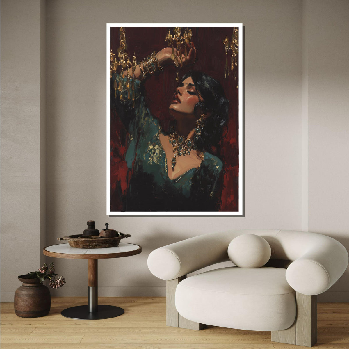 Opulent Elegance Portrait, Exotic Woman with Gold Jewelry, Luxe Wall Art Print, Dramatic Oil Painting Style,Ready to Hang