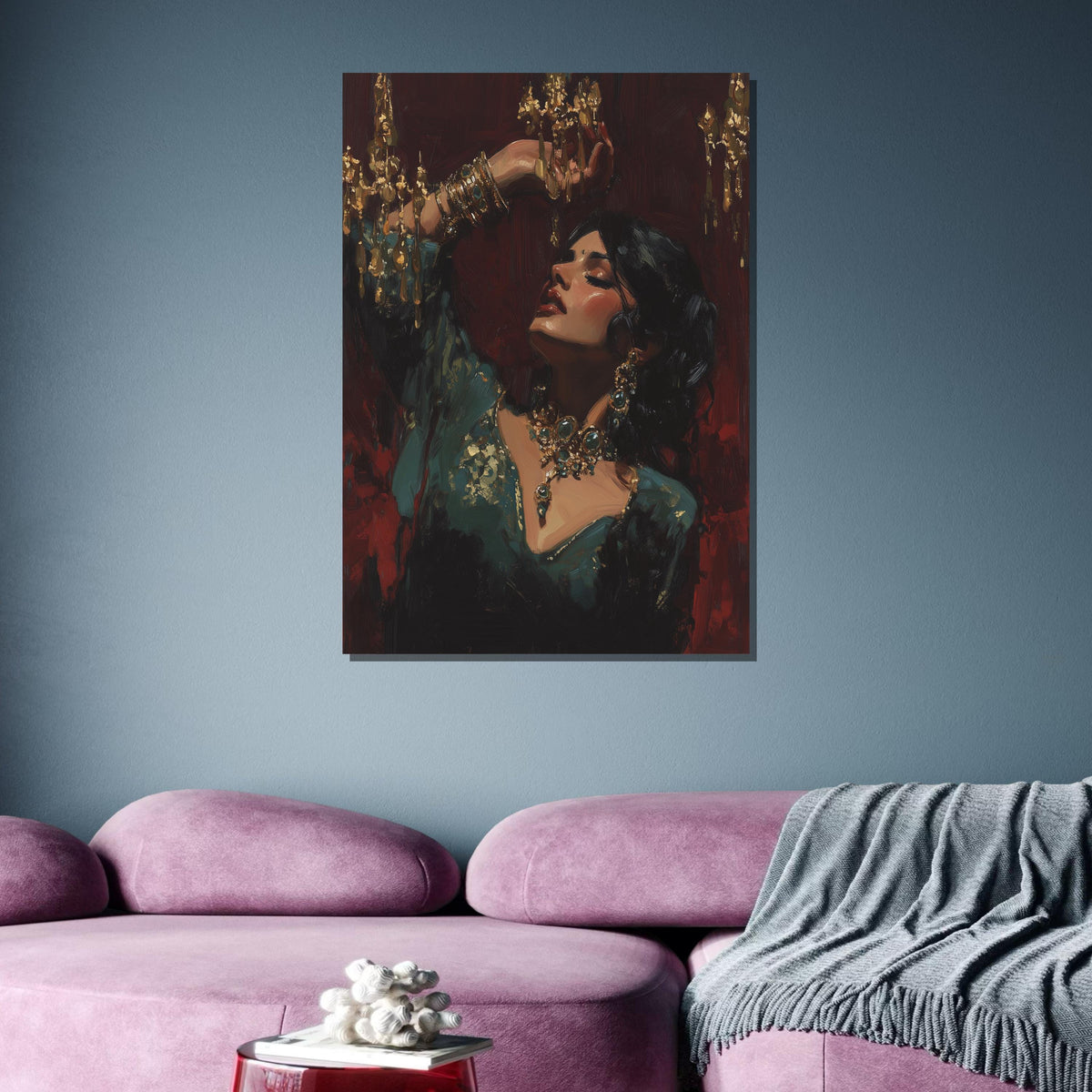 Opulent Elegance Portrait, Exotic Woman with Gold Jewelry, Luxe Wall Art Print, Dramatic Oil Painting Style,Ready to Hang