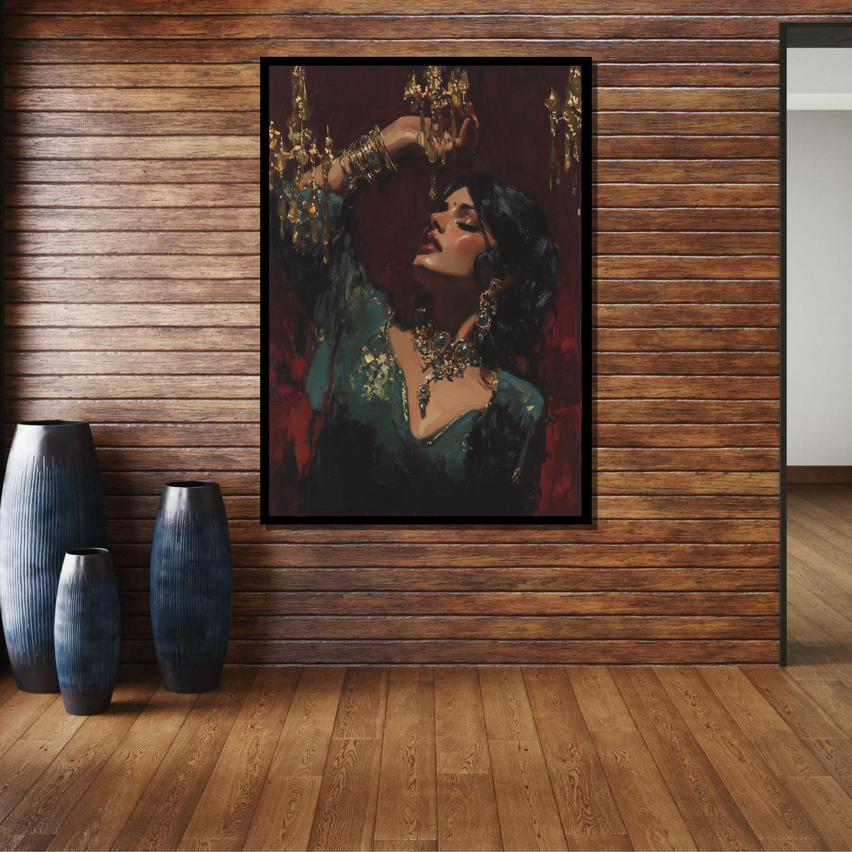 Opulent Elegance Portrait, Exotic Woman with Gold Jewelry, Luxe Wall Art Print, Dramatic Oil Painting Style,Ready to Hang