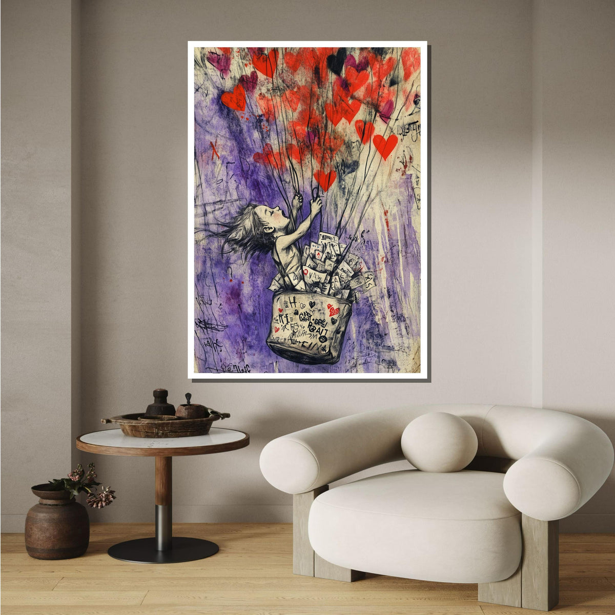Heart Balloon Street Art, Whimsical Girl Graffiti, Urban Love Art Print, Red Heart Wall Decor,Heart Wall Art Ready to Hang Decor