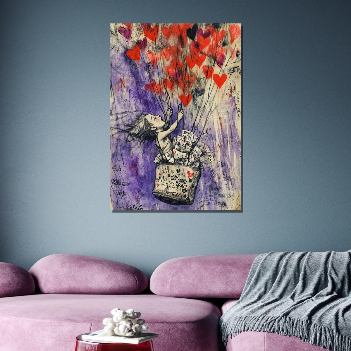 Heart Balloon Street Art, Whimsical Girl Graffiti, Urban Love Art Print, Red Heart Wall Decor,Heart Wall Art Ready to Hang Decor