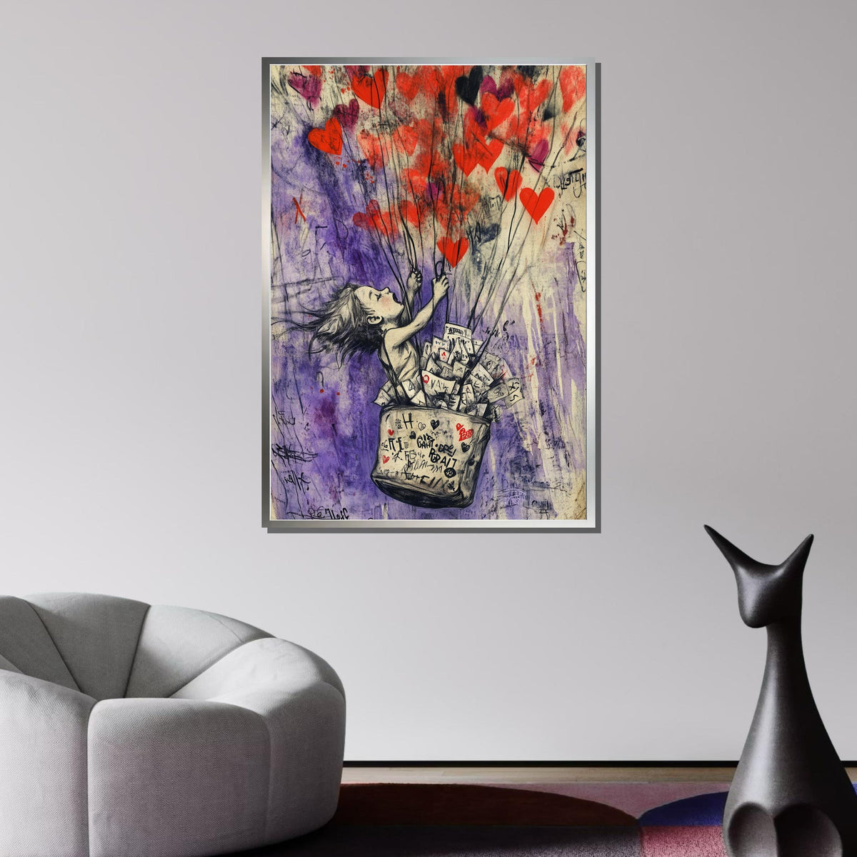 Heart Balloon Street Art, Whimsical Girl Graffiti, Urban Love Art Print, Red Heart Wall Decor,Heart Wall Art Ready to Hang Decor