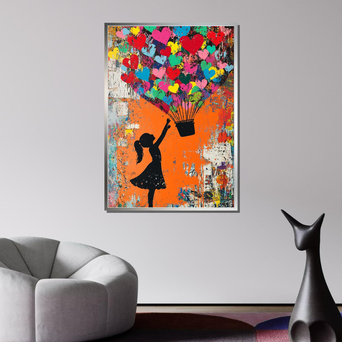 Colorful Heart Balloon Girl, Graffiti Love Art, Street Art Canvas, Vibrant Urban Wall Decor, Urban Modern Canvas, Romantic Art Gift