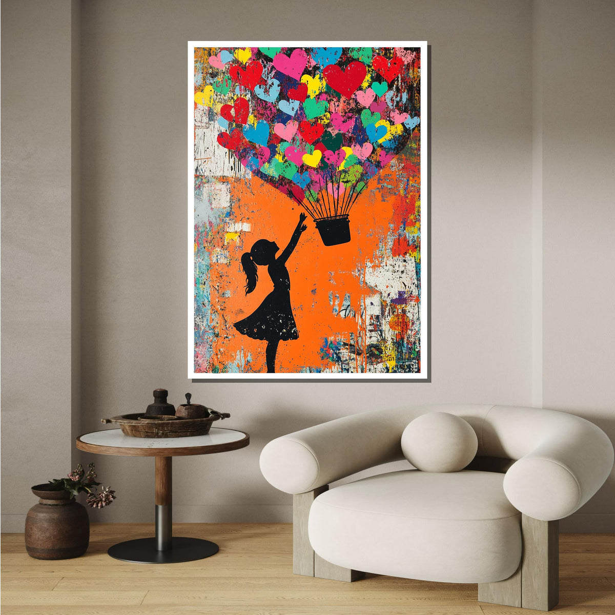 Colorful Heart Balloon Girl, Graffiti Love Art, Street Art Canvas, Vibrant Urban Wall Decor, Urban Modern Canvas, Romantic Art Gift
