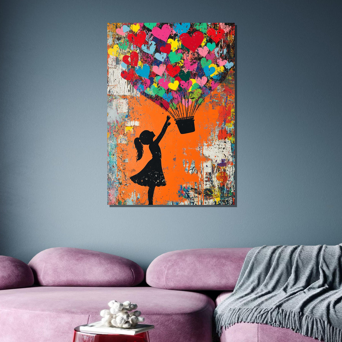 Colorful Heart Balloon Girl, Graffiti Love Art, Street Art Canvas, Vibrant Urban Wall Decor, Urban Modern Canvas, Romantic Art Gift