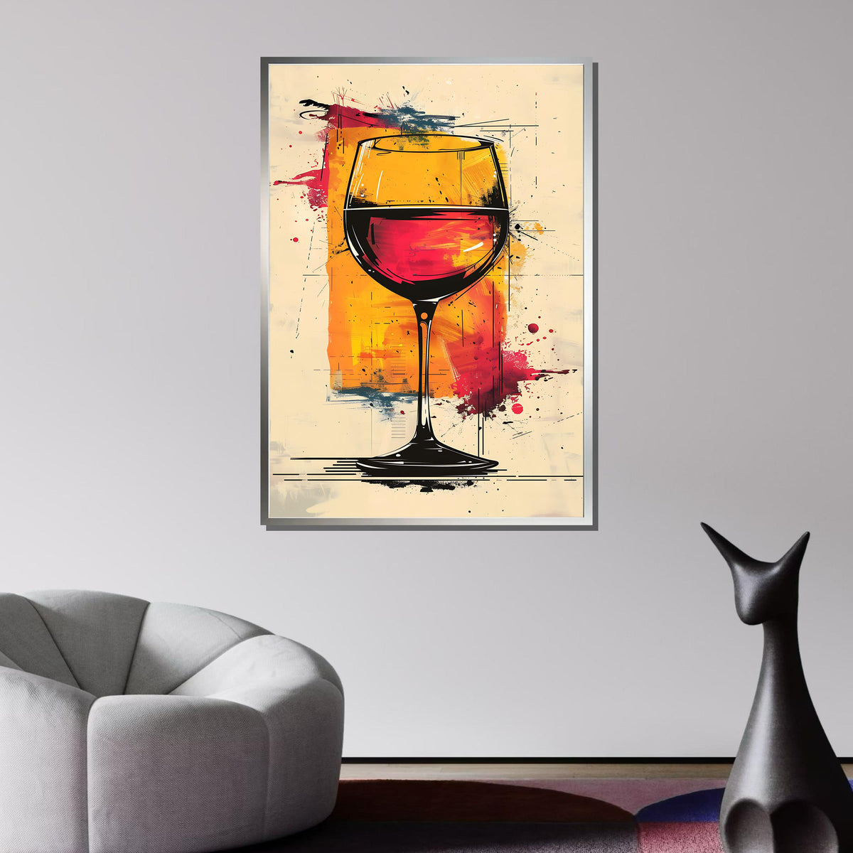 Abstract Wine Glass Art Print - Modern Wine Decor, Red and Yellow Splash Canvas,Dining Room Wall, Perfect Gift for Wine Lovers,Ready to Hang