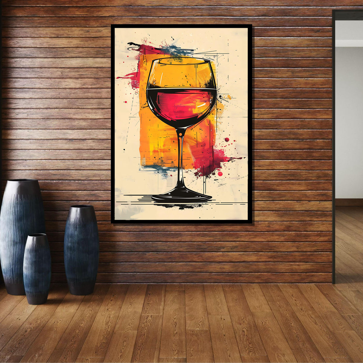 Abstract Wine Glass Art Print - Modern Wine Decor, Red and Yellow Splash Canvas,Dining Room Wall, Perfect Gift for Wine Lovers,Ready to Hang