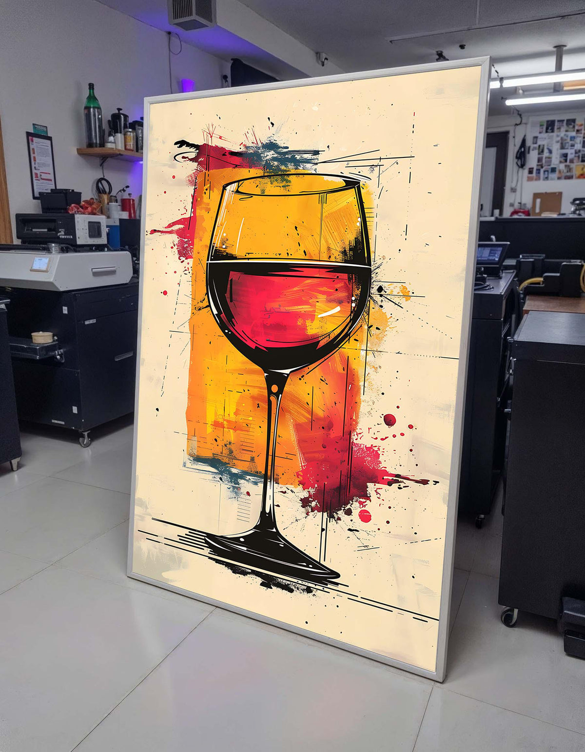 Abstract Wine Glass Art Print - Modern Wine Decor, Red and Yellow Splash Canvas,Dining Room Wall, Perfect Gift for Wine Lovers,Ready to Hang