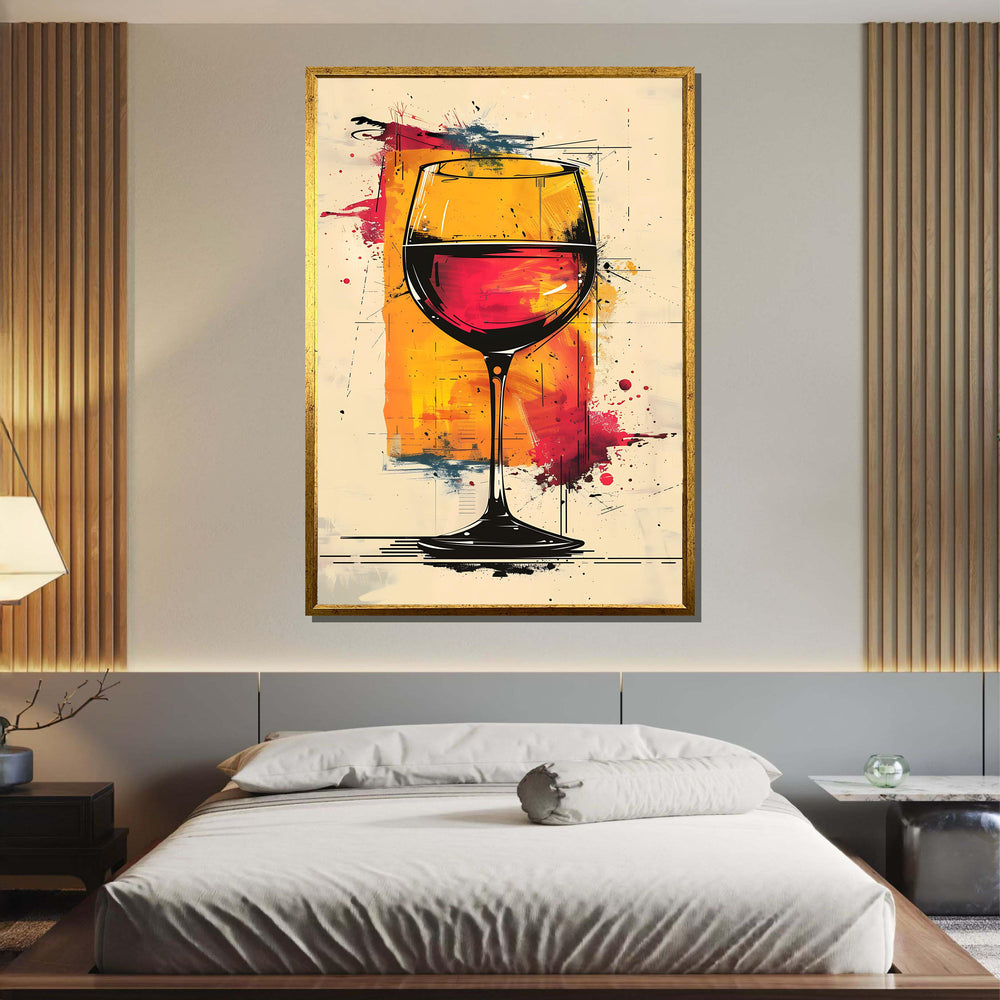 Abstract Wine Glass Art Print - Modern Wine Decor, Red and Yellow Splash Canvas,Dining Room Wall, Perfect Gift for Wine Lovers,Ready to Hang