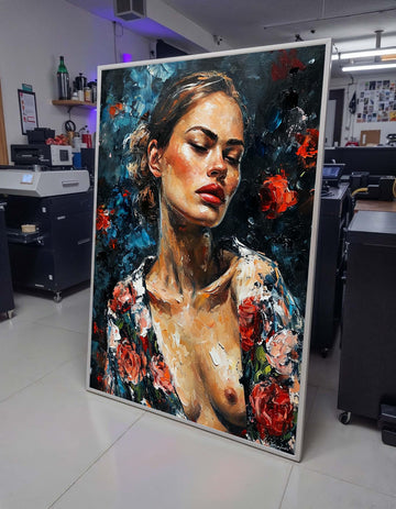 Frida Kahlo-Inspired Woman Portrait, Expressionist Art Print, Floral Nude Wall Art, Boho Art Canvas, Woman Art, Ready to Hang
