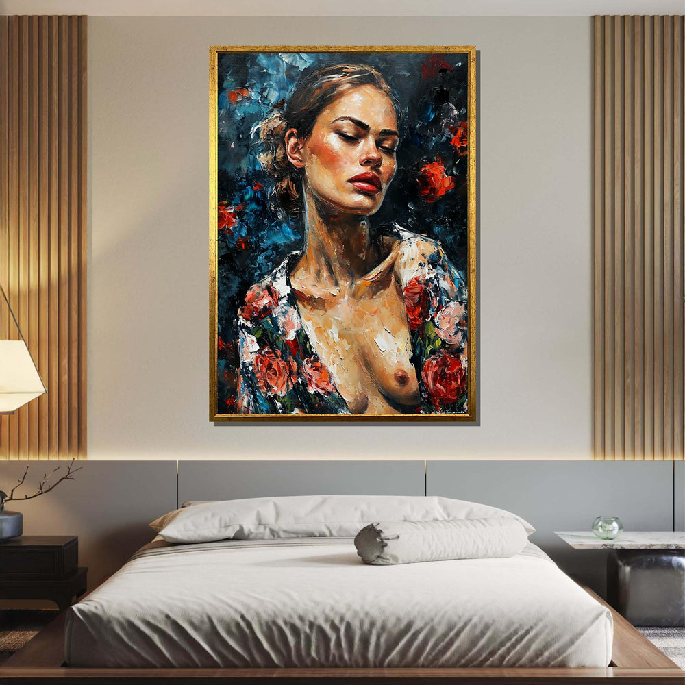 Frida Kahlo-Inspired Woman Portrait, Expressionist Art Print, Floral Nude Wall Art, Boho Art Canvas, Woman Art, Ready to Hang