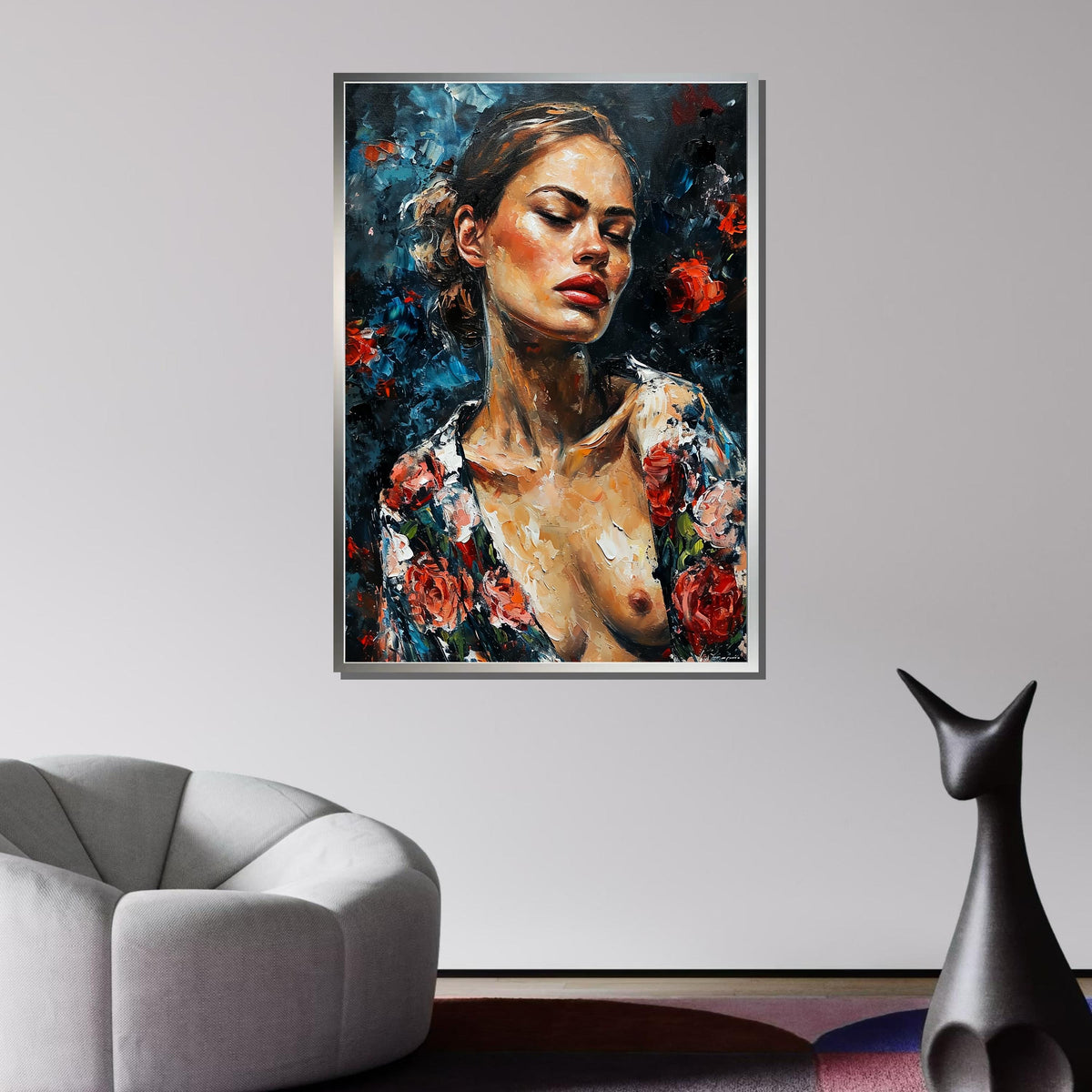 Frida Kahlo-Inspired Woman Portrait, Expressionist Art Print, Floral Nude Wall Art, Boho Art Canvas, Woman Art, Ready to Hang