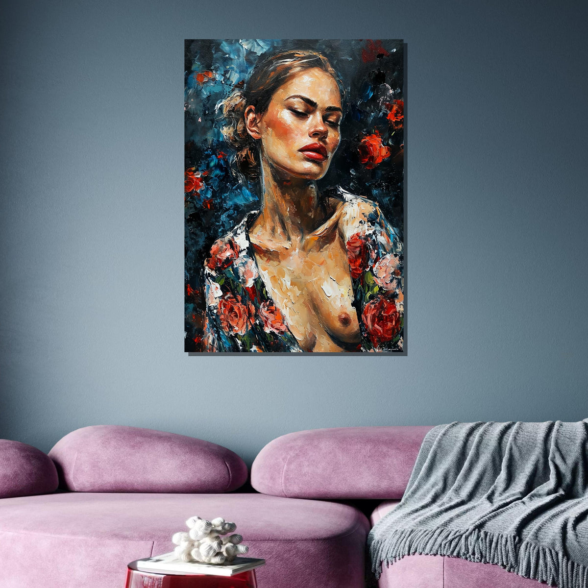 Frida Kahlo-Inspired Woman Portrait, Expressionist Art Print, Floral Nude Wall Art, Boho Art Canvas, Woman Art, Ready to Hang