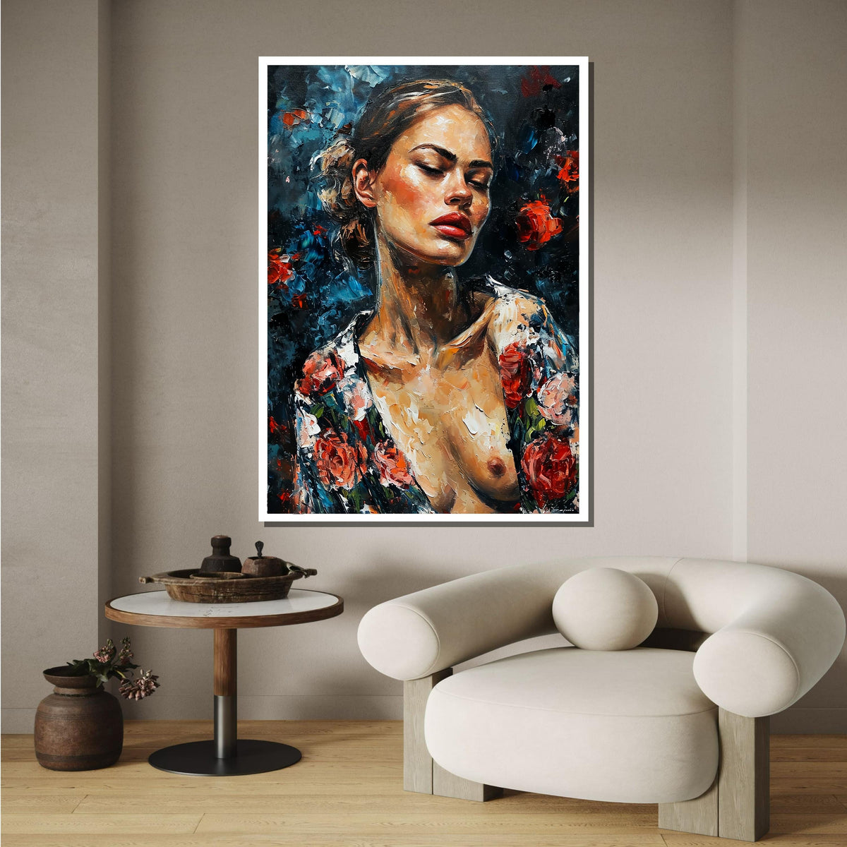 Frida Kahlo-Inspired Woman Portrait, Expressionist Art Print, Floral Nude Wall Art, Boho Art Canvas, Woman Art, Ready to Hang