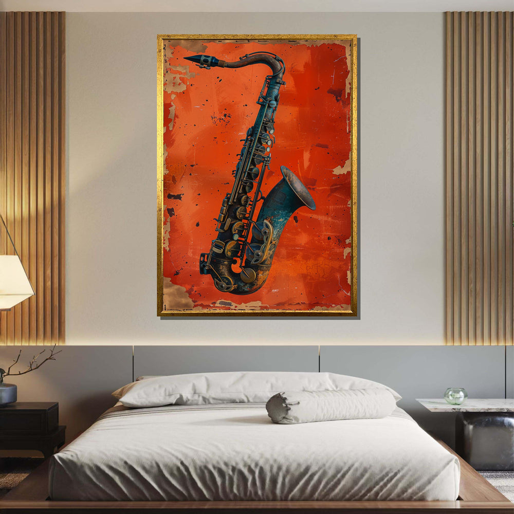 Bold Saxophone Art on Red Background - Stylish Jazz Music Decor, Unique Wall Art for Saxophone and Jazz Fans, Music Canvas Art