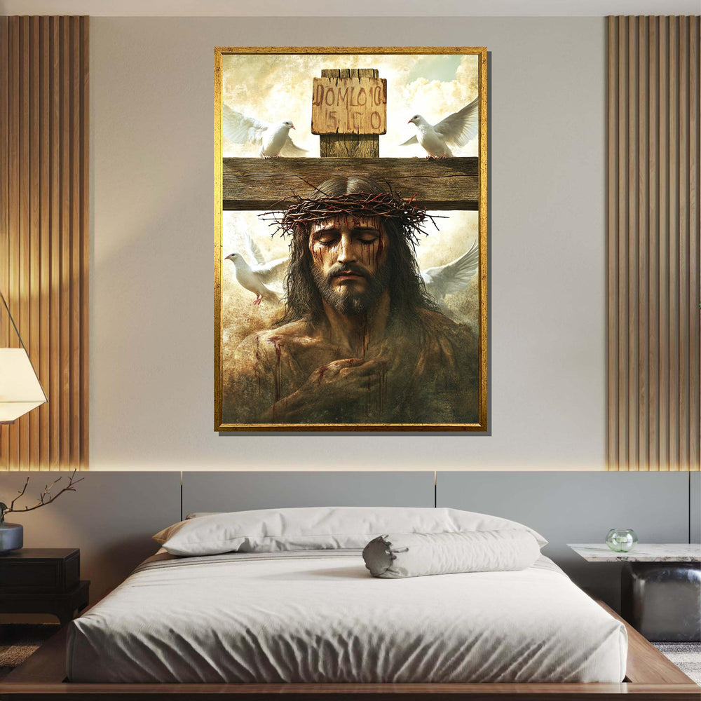 Jesus Christ Crucifixion Art with Doves- Symbol of Peace and Redemption,Spiritual Wall Decor,Divine Light Modern Canvas Art, Christian Gift