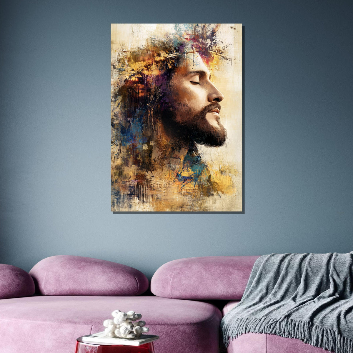 Abstract Jesus Christ Art with Crown of Thorns - Vibrant Christian Wall Decor for Inspiration,Divine Light Modern Canvas ,Christian Gift