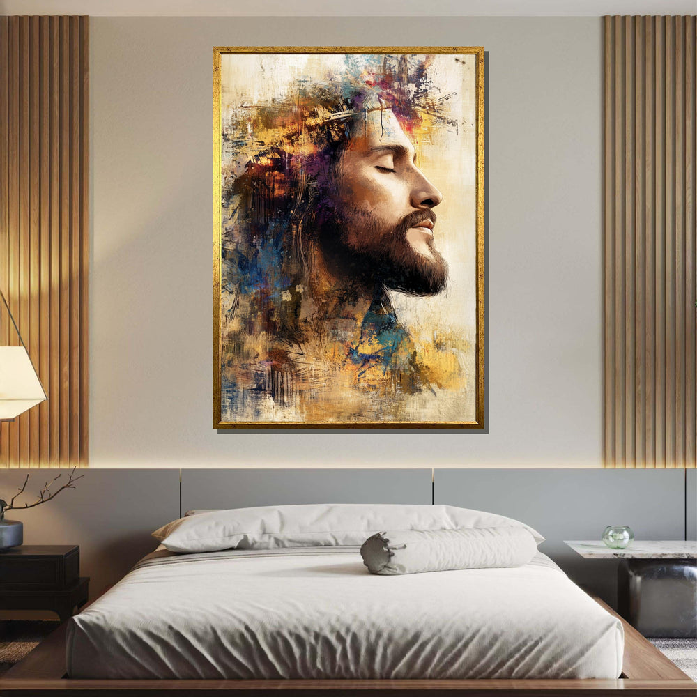 Abstract Jesus Christ Art with Crown of Thorns - Vibrant Christian Wall Decor for Inspiration,Divine Light Modern Canvas ,Christian Gift