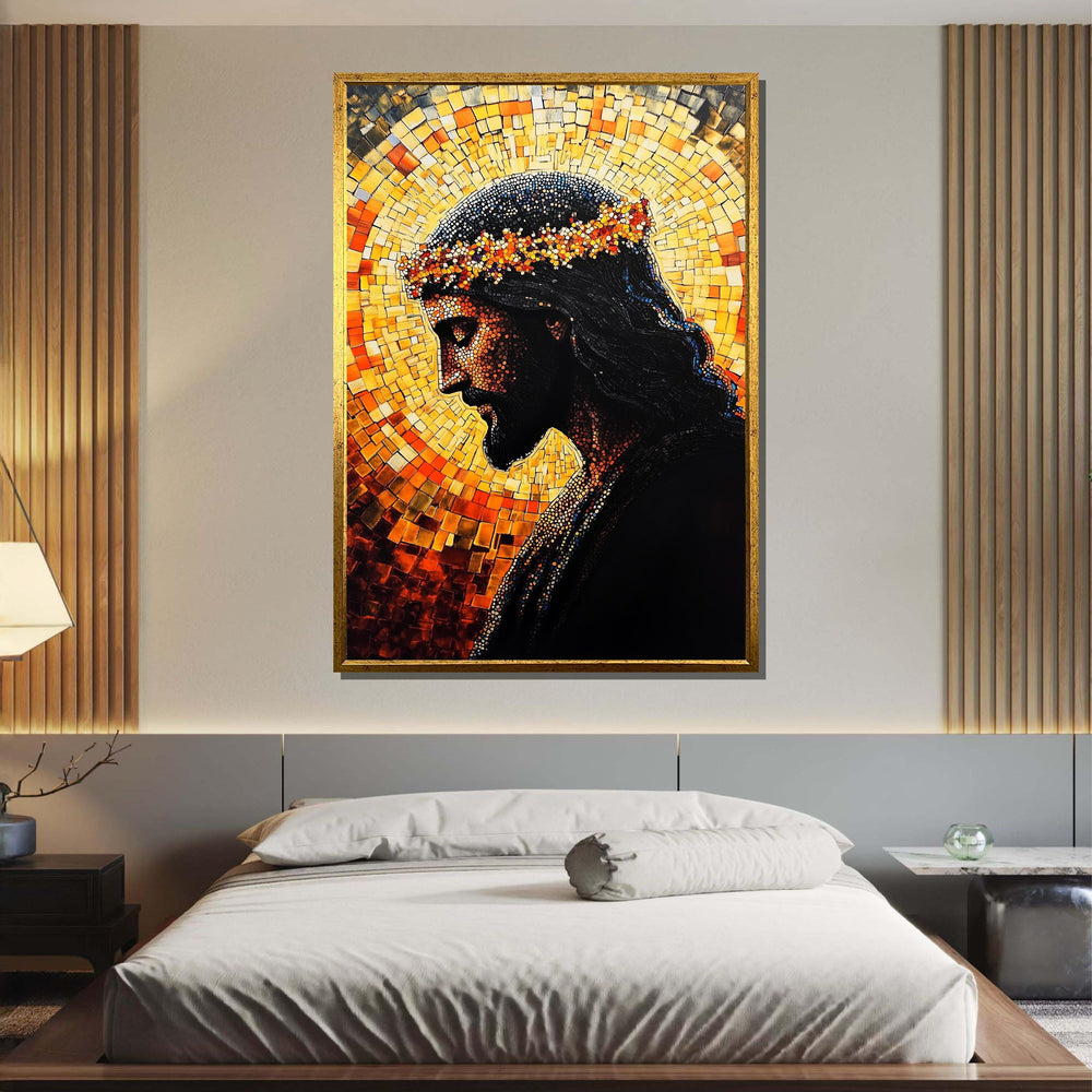 Mosaic Jesus with Crown of Thorns-Radiant Religious Art Print for Home Decor,Spiritual Wall Decor,Divine Light Modern Canvas ,Christian Gift