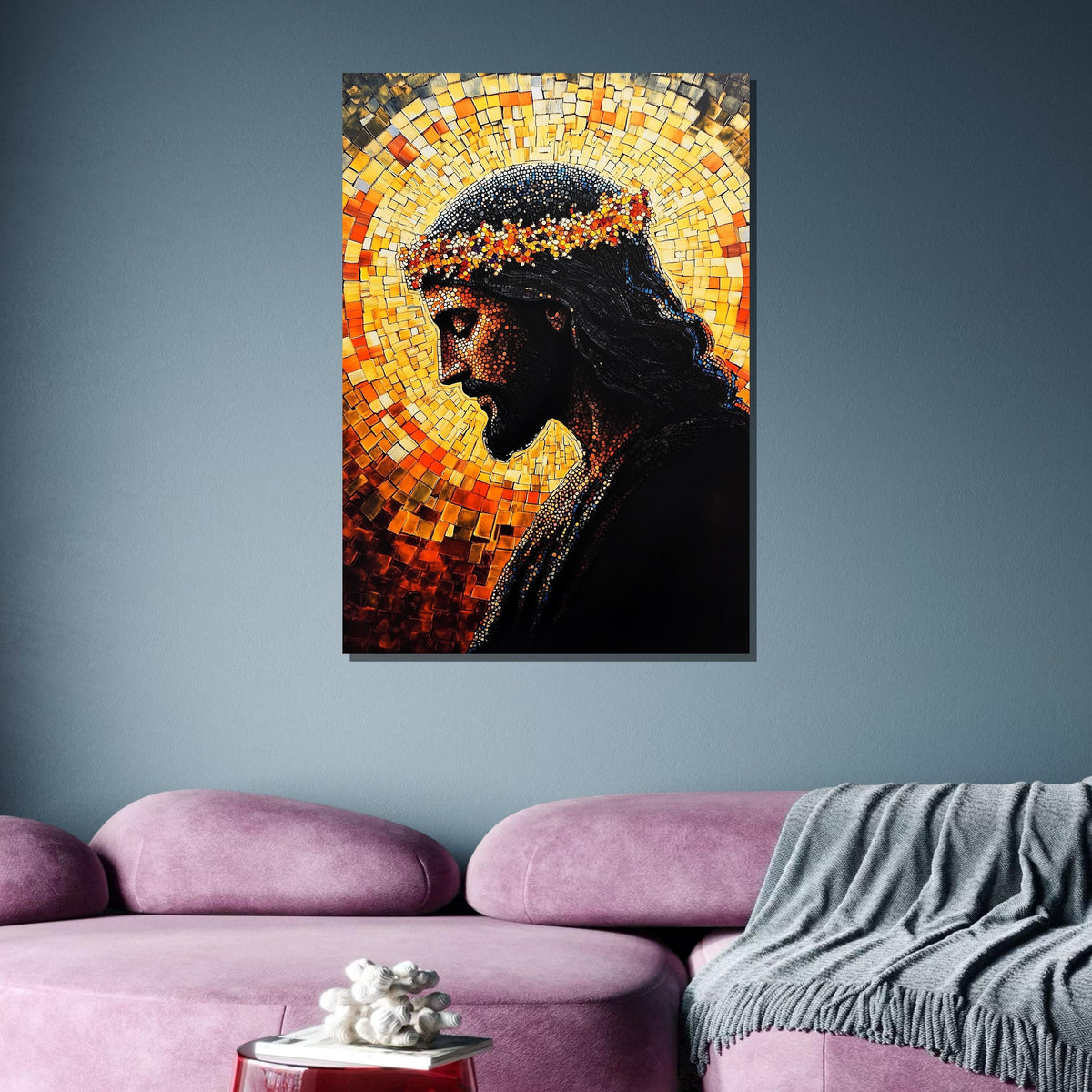 Mosaic Jesus with Crown of Thorns-Radiant Religious Art Print for Home Decor,Spiritual Wall Decor,Divine Light Modern Canvas ,Christian Gift