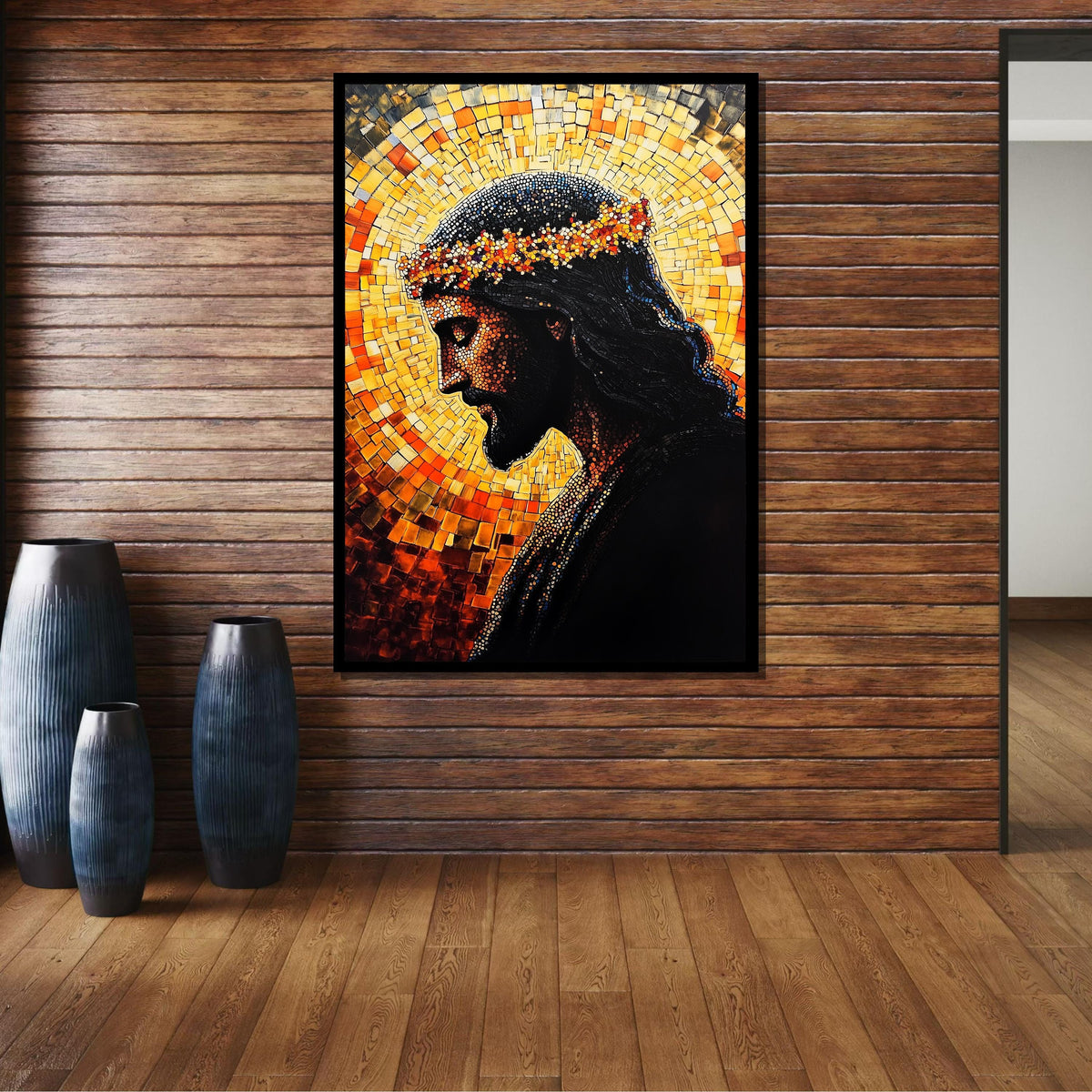Mosaic Jesus with Crown of Thorns-Radiant Religious Art Print for Home Decor,Spiritual Wall Decor,Divine Light Modern Canvas ,Christian Gift