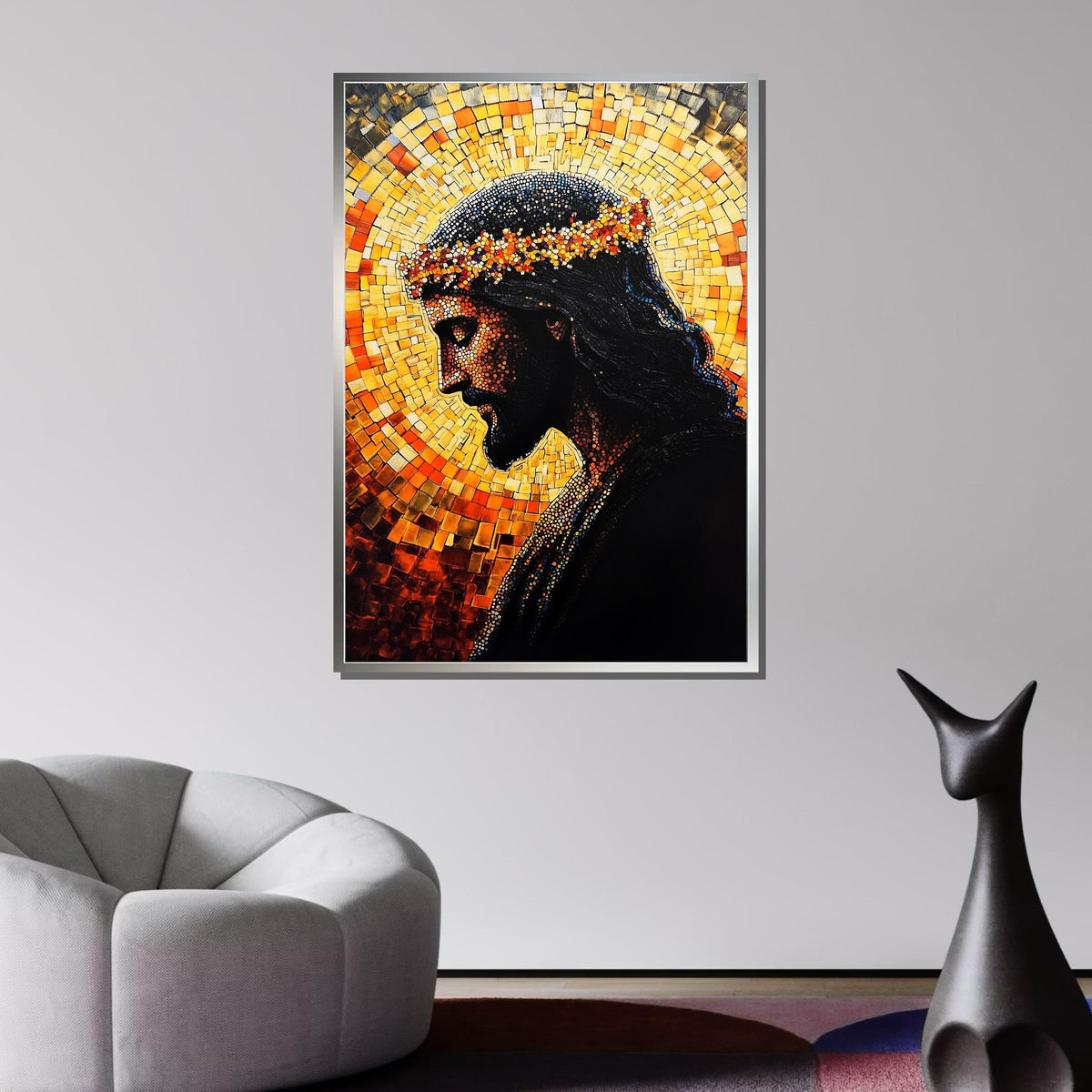 Mosaic Jesus with Crown of Thorns-Radiant Religious Art Print for Home Decor,Spiritual Wall Decor,Divine Light Modern Canvas ,Christian Gift