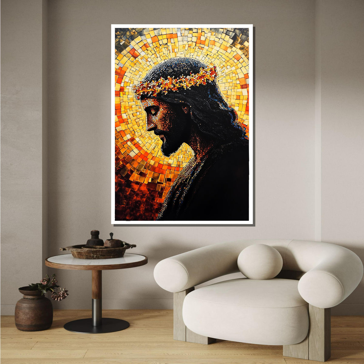 Mosaic Jesus with Crown of Thorns-Radiant Religious Art Print for Home Decor,Spiritual Wall Decor,Divine Light Modern Canvas ,Christian Gift