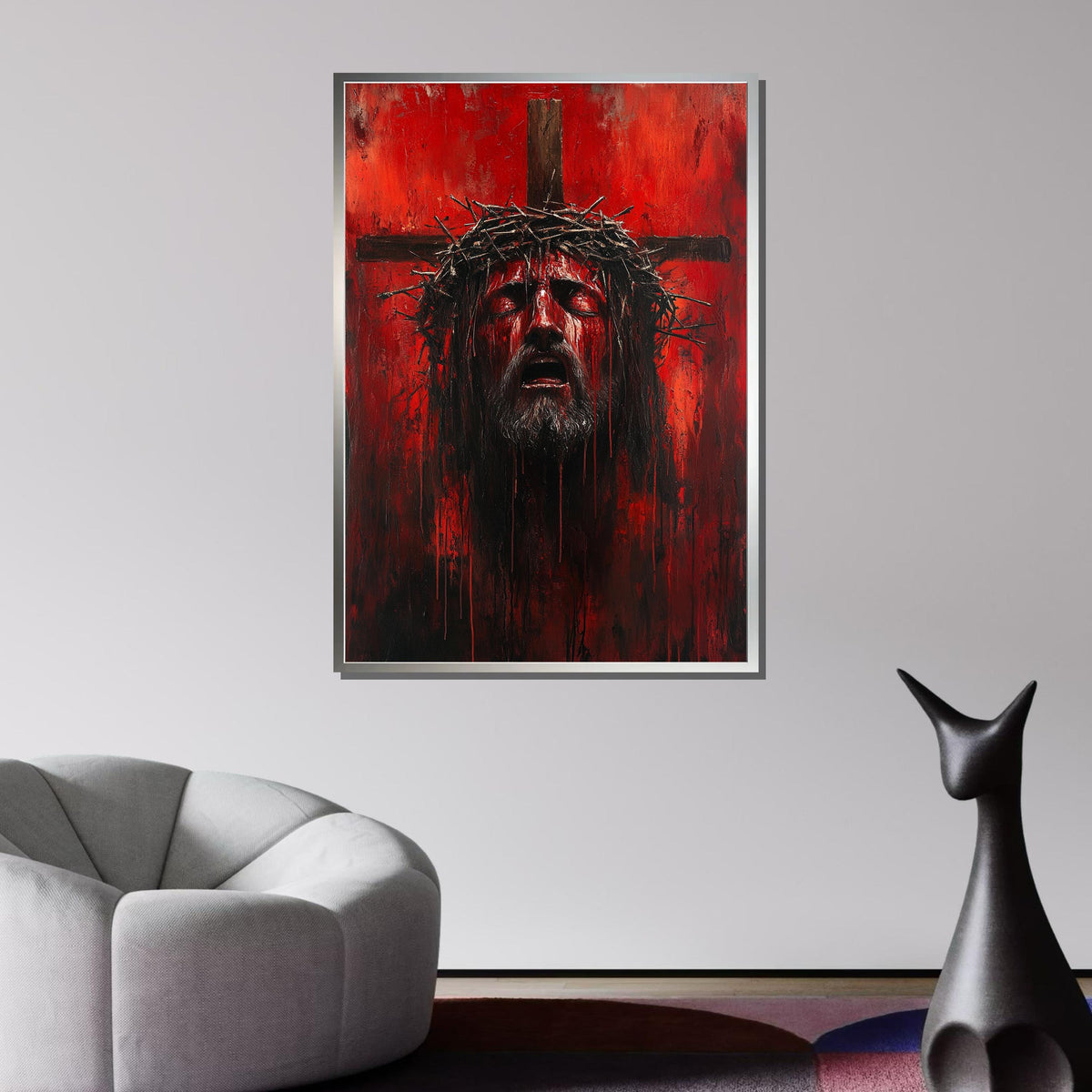 Intense Red Jesus Crucifixion Art - Passionate Religious Artwork with Crown of Thorns,Spiritual Wall Decor,Divine Light Modern Canvas